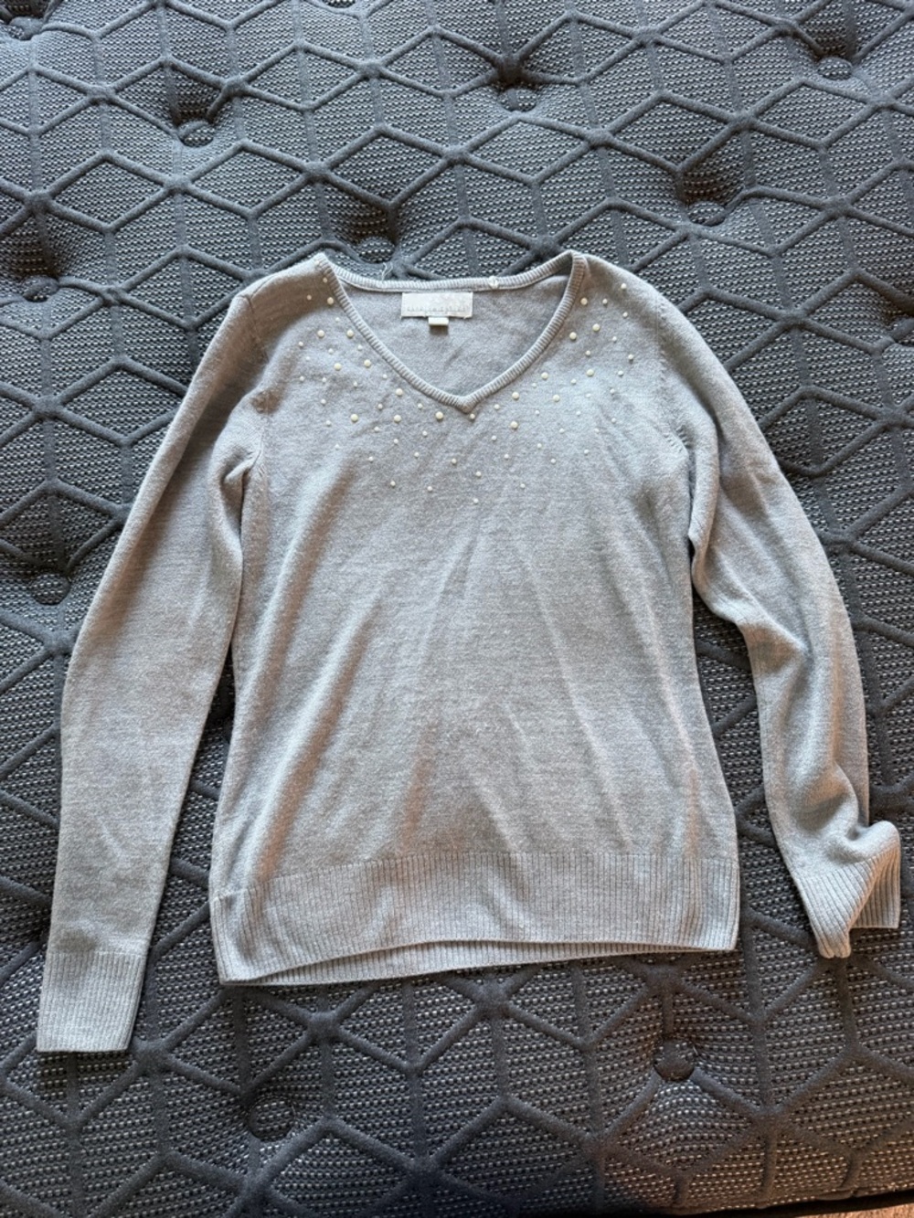 Carolyn Taylor Light Gray V-Neck Sweater with Pearl Embellishments